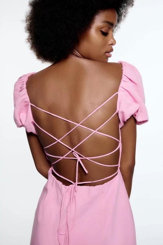 Breezy Pink Ruched Square Neck Puff Sleeve Lace Up Back Party Mini Dress