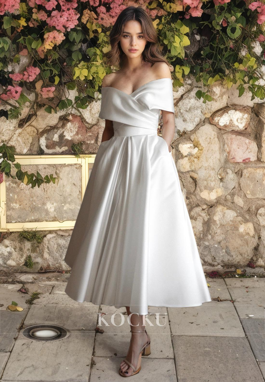 Elegant A-Line Short Sleeves Satin Wedding Gown