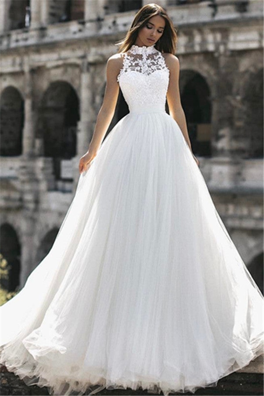 High Neck Sleeveless Princess Tulle Lace Wedding Gown