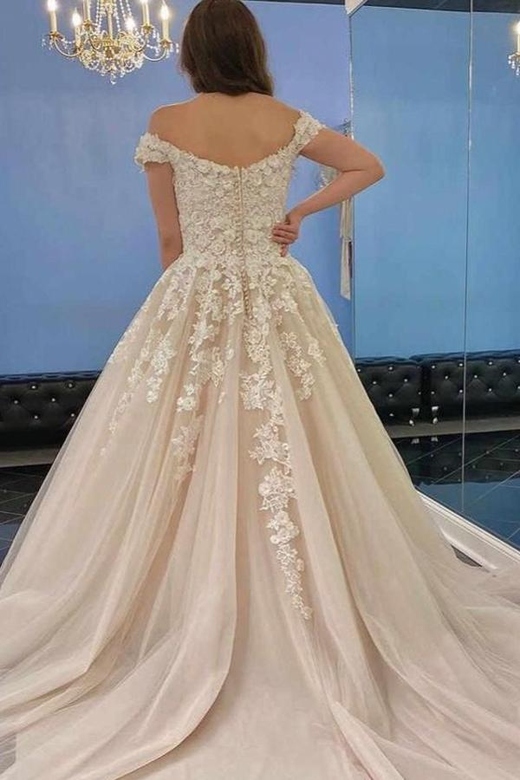 Off-the-Shoulder Princess Wedding Dress, Champagne, Lace Appliques