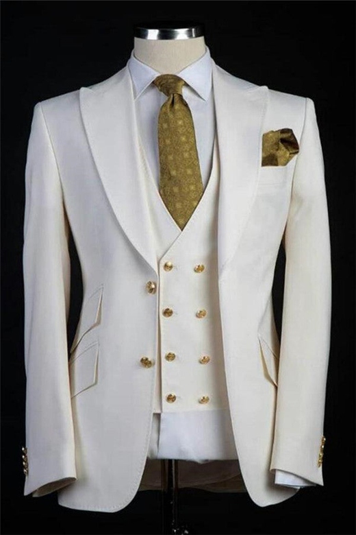 White Wedding Groom Suits, Bespoke Gold Buttons Tuxedo Set