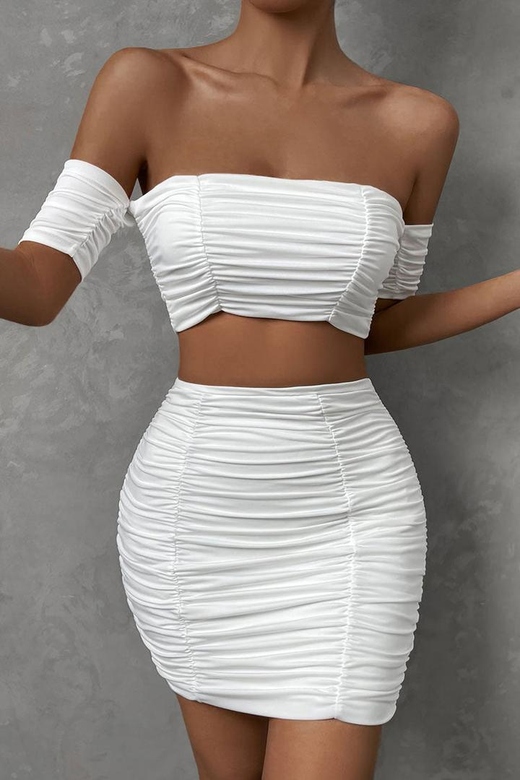 Sexy White Off Shoulder Crop Top High Waist Ruched Two-Piece Club Mini Dress