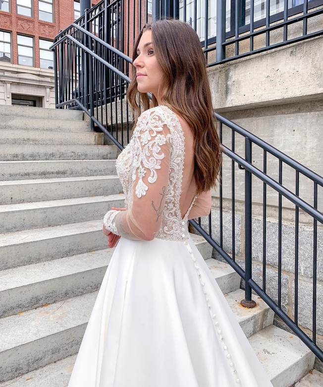 Long Sleeves V-Neck Wedding Dress, Open Back, Lace with Buttons