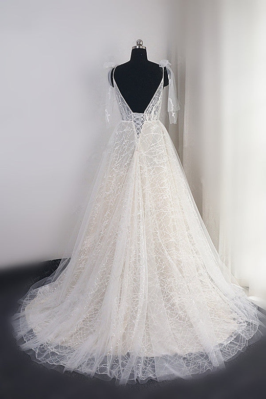 Gorgeous Spaghetti Straps Tulle Wedding Dress with Beading, V-Neck, and Sleeveless