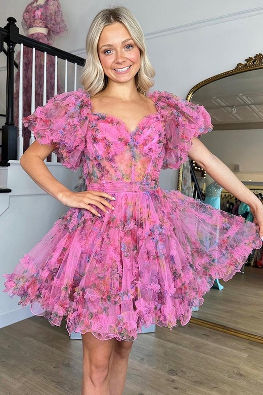 V-Neck Puff Sleeves Print Ruched Tulle A-Line Mini Homecoming Gown