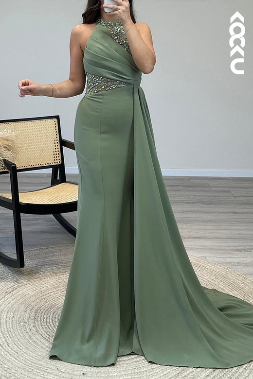 High Neck Sleeveless Beaded Chiffon Mermaid Long Semi-Formal Gown