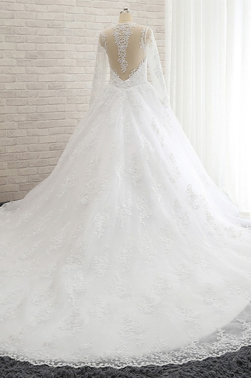 Stylish Longsleeves A-line Lace Wedding Dress, Tulle Ruffles & Appliques