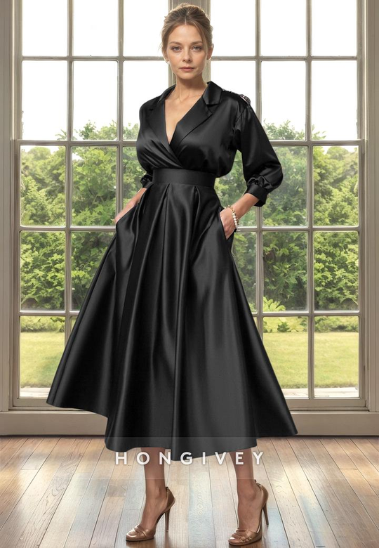 Satin A-Line Empire Waist V-Neck 3/4 Sleeves with Pockets Cocktail Evening Dress