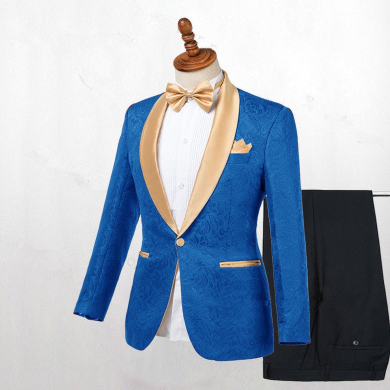 Ocean Blue Jacquard Slim Fit Wedding Suit for Men