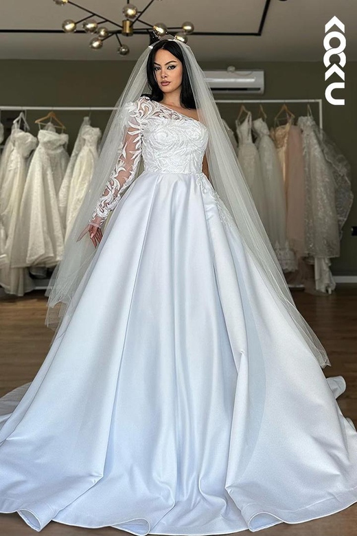 Elegant & Luxurious One Shoulder Long Sleeves A-Line Satin Bridal Gown