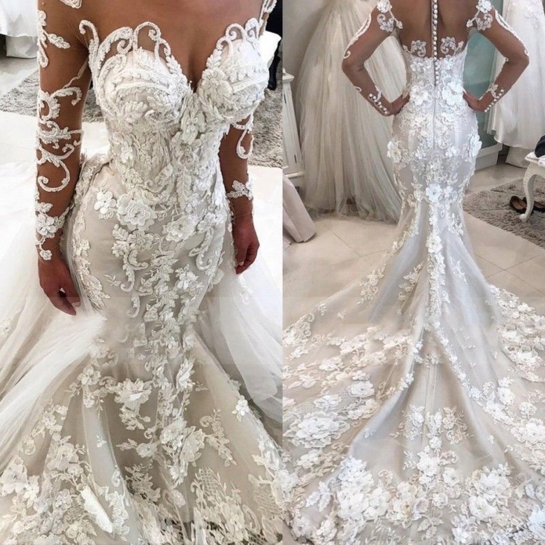 Delicate Lace Appliques Mermaid Dress, Long Sleeves Bridal Gown