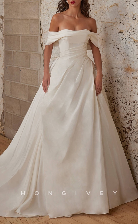 Satin A-Line Off-Shoulder Empire Ruched Train Bridal Dress