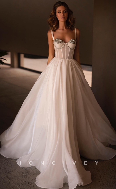 Sheer Crystal Beaded Wedding Dress with Ruched Open Back & Train