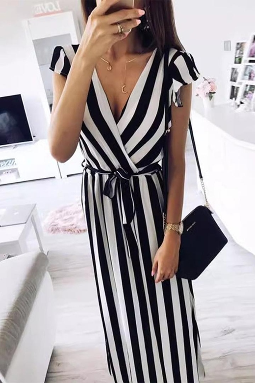 Elegant Striped Bandage V-Neck A-Line Short Sleeve Dress