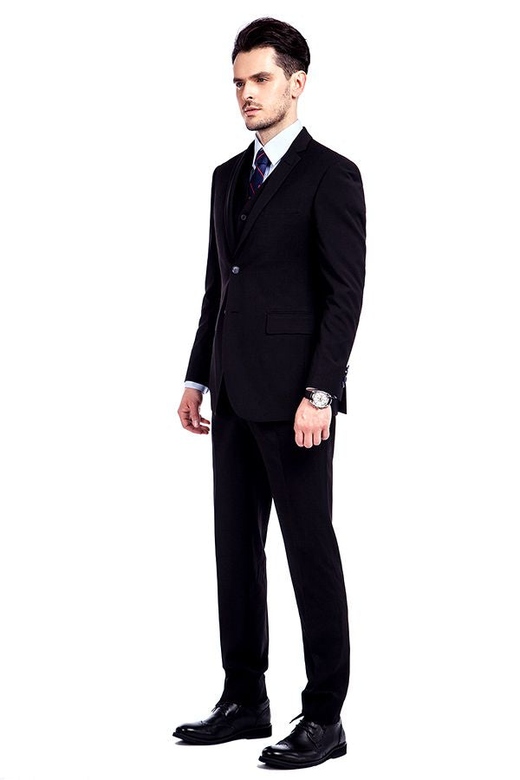 Bespoke Solid Black Three-Piece Suits, Men's Formal Wear