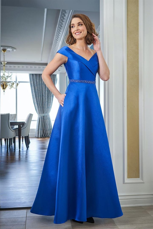 V-Neck Off-Shoulder Beaded Satin A-Line Mother of the Bride Gown