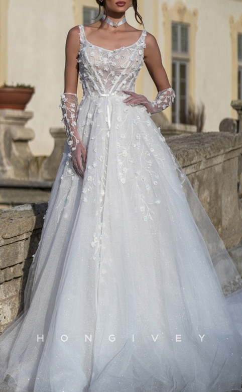 Tulle A-Line Dress, Bateau, Spaghetti Straps, Empire, Beaded, Floral Appliques, Gloves