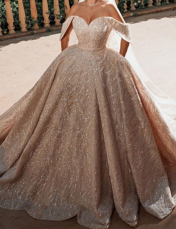 Luxurious Off-Shoulder Sequins Gown, A-Line Satin Bridal Wear