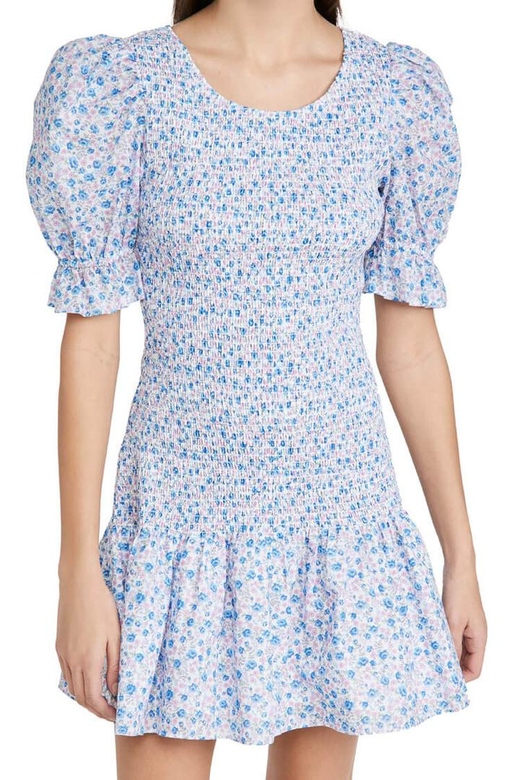 Blue Puff Sleeve Ditsy Floral Smocked Dress