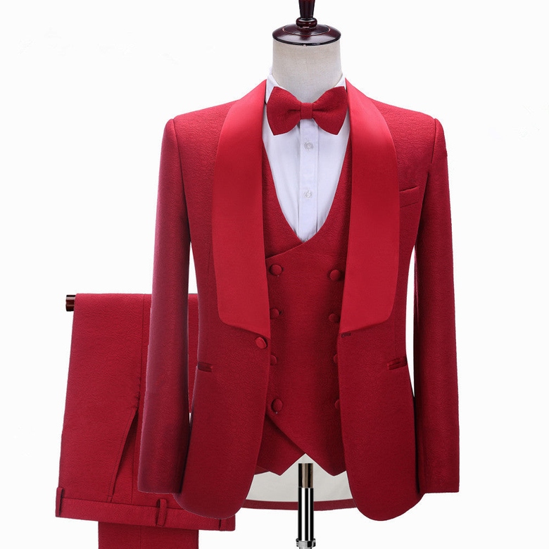 Red Three-Piece Shawl Lapel Slim Fit Wedding Suit