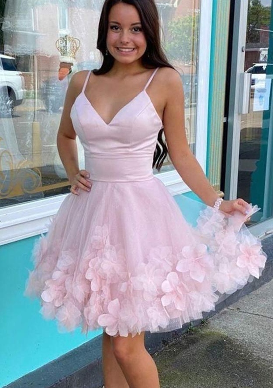 Floral Accent V-Neck Sleeveless Tulle A-Line Mini Homecoming Dress