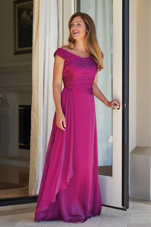 V-Neck Ruched Chiffon A-Line Long Mother of the Bride Formal Gown