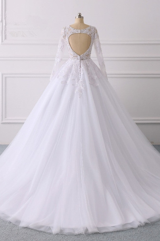 Elegant V-Neck Tulle Wedding Gown, Long Sleeves & Lace Appliques