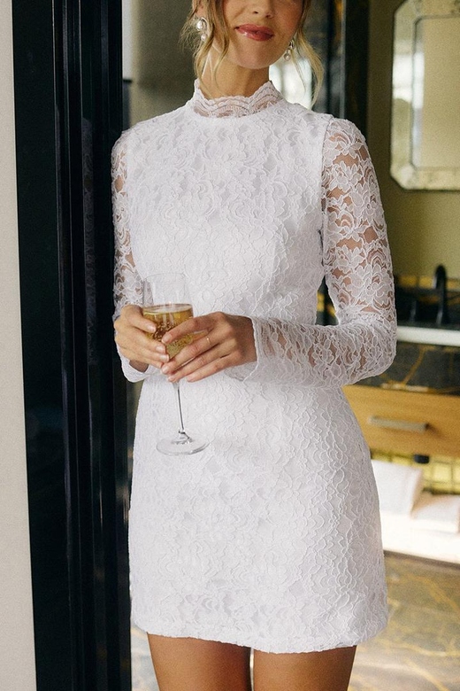 High Neck Long Sleeves Backless Lace Sheath Mini Wedding Gown