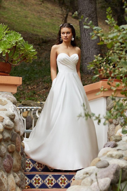 Sweetheart Strapless Ruched Satin A-Line Gown with Sleeves