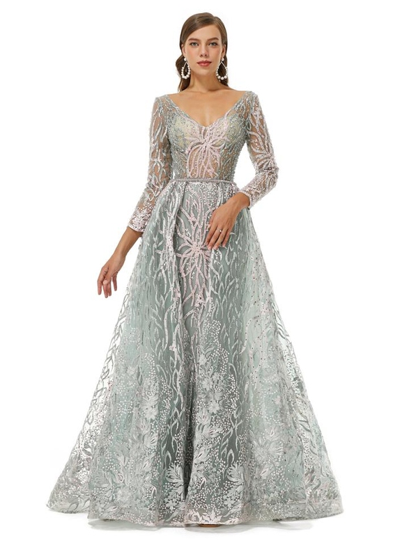 A-Line V-Neck Floor-Length Long Sleeve Open Back Lace Appliques Prom Gown