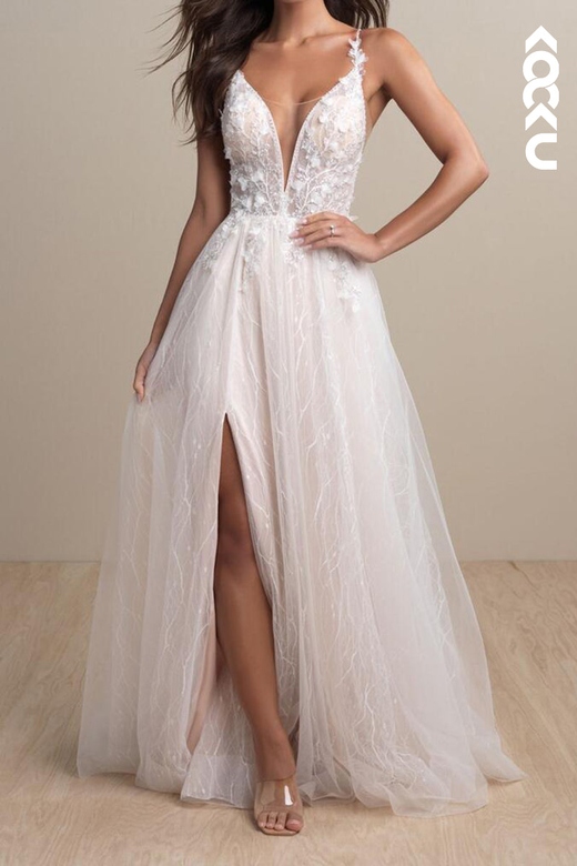 Couture Ornate Spaghetti Straps V-Neck A-Line Tulle Gown