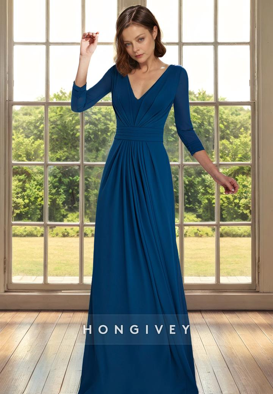 V-Neck 3/4 Sleeves A-Line Pleats Train Cocktail Evening Dress