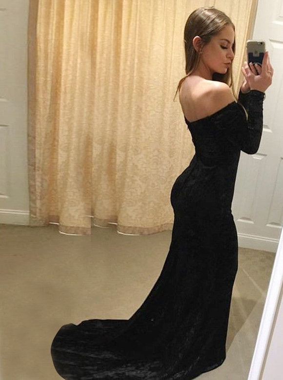 Mermaid V-neck Off-the-shoulder Dress, Long Sleeves Floor Length Evening Gown