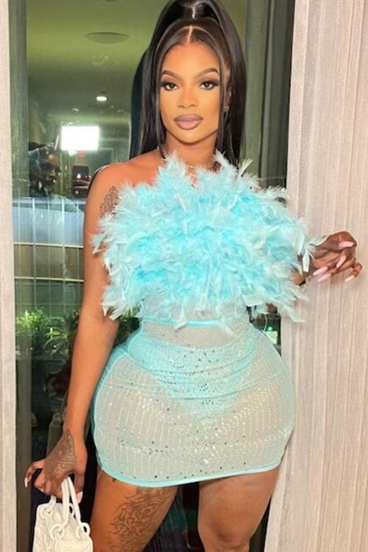 Lake Blue Sexy Rhinestone Sheer Mesh Panel Feather Strapless Party Mini Dress