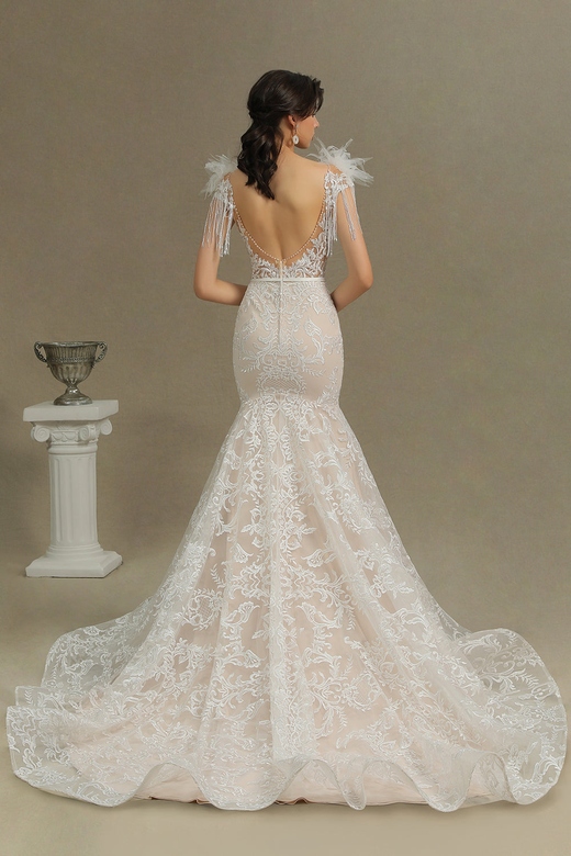 Scoop Lace Mermaid Wedding Dress with Feather