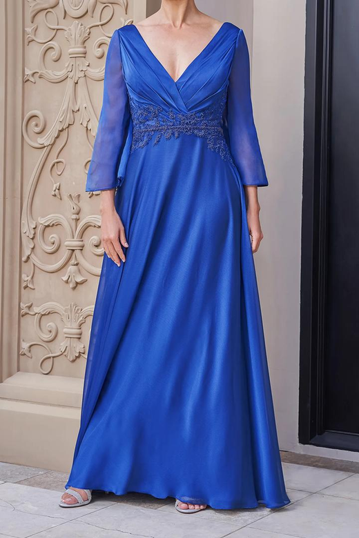 V-Neck Long Sleeves Appliqued Satin A-Line Mother of the Bride Gown