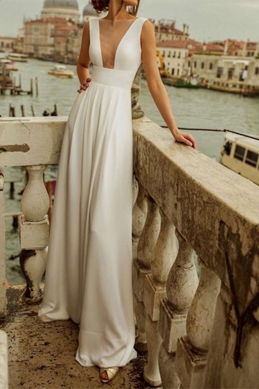 Simple V-Neck Sleeveless Ruched Satin Wedding Dress