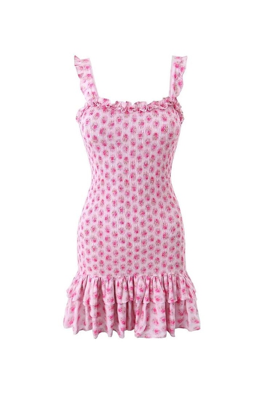 Cute Floral Print Ruffled Square Neck Smocked Mini Sundress