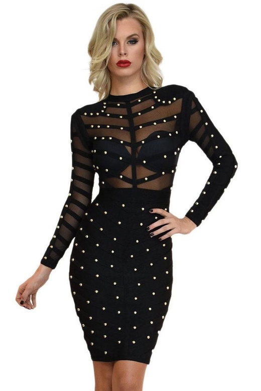 Trendy Black Studded Long Sleeve Mesh Bandage Cocktail Party Midi Dress