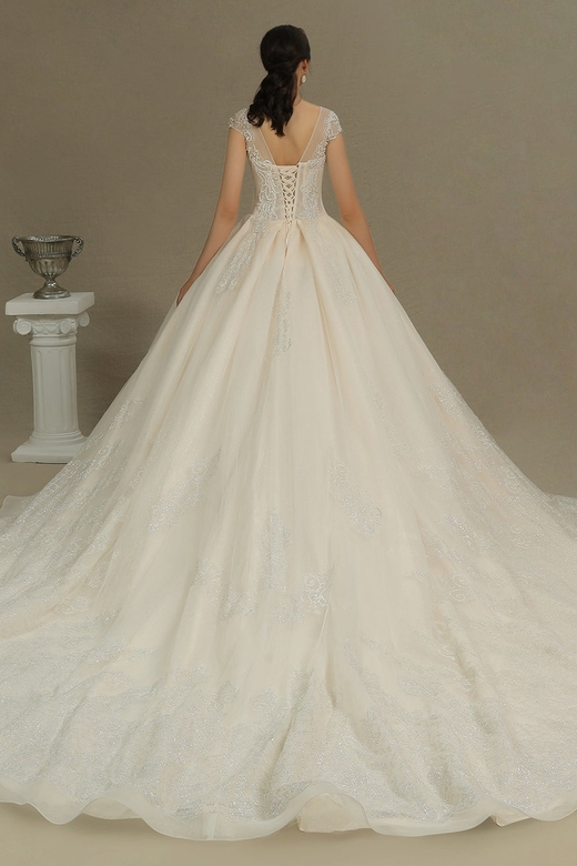 Cap Sleeves Lace Ball Gown Wedding Dress, Scoop Neck