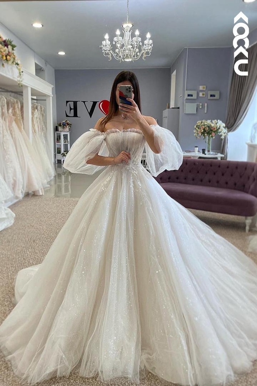 Couture & Ornate Off-Shoulder Long Sleeves A-Line Tulle Wedding Dress