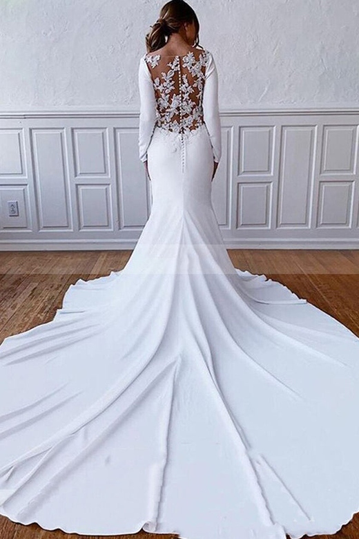 Classic Long-Sleeved Bateau White Wedding Reception Floor-Length Dress