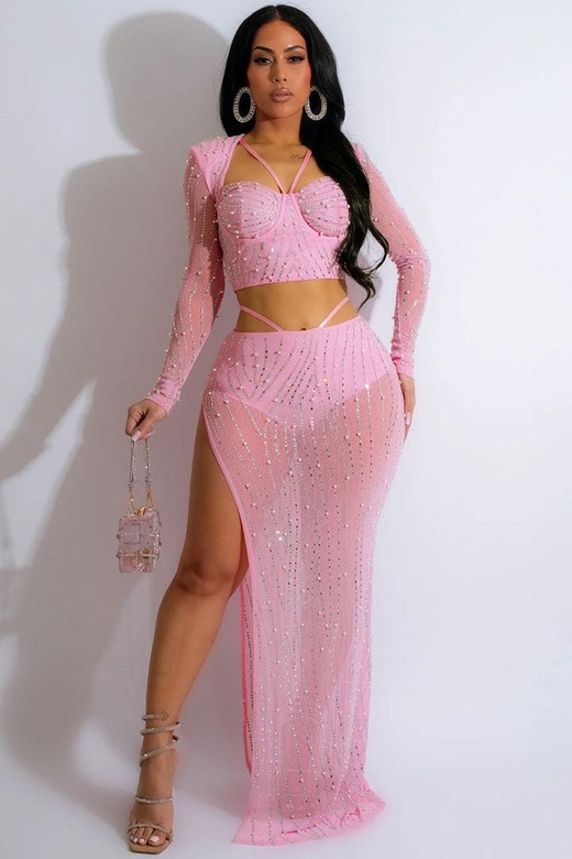 Sparkly Rhinestone Long Sleeve High Waist Two Piece - Pink