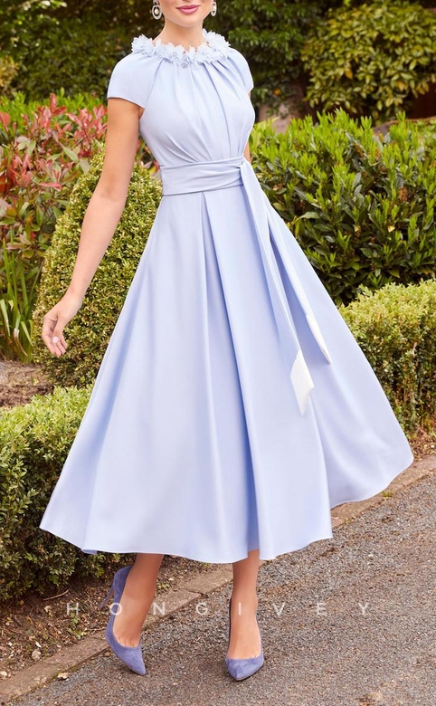 Elegant Satin A-Line Round Short Sleeves Belt Ruched Pockets Gown