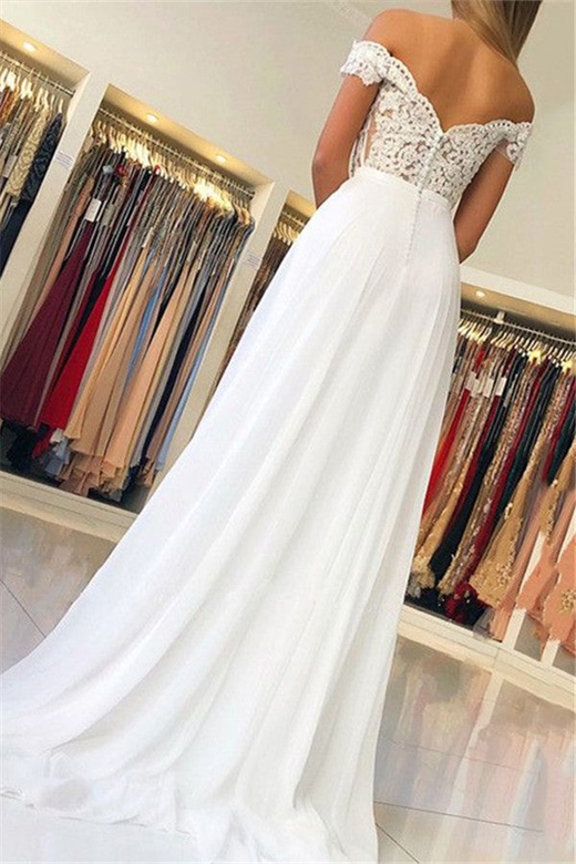 White Off-the-Shoulder Long Chiffon Prom Dress With Appliques