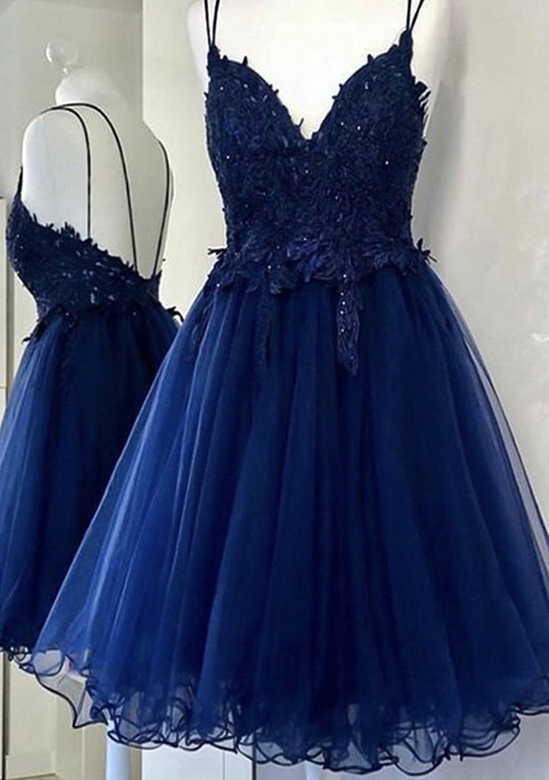 A-Line V-Neck Sleeveless Tulle Homecoming Dress with Beading and Lace Applique