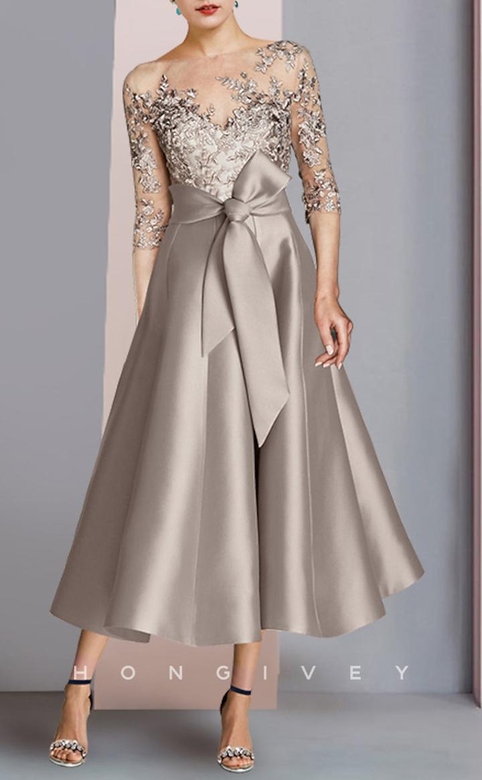 Elegant Scoop A-Line Lace Applique Belt Mother's Formal Gown