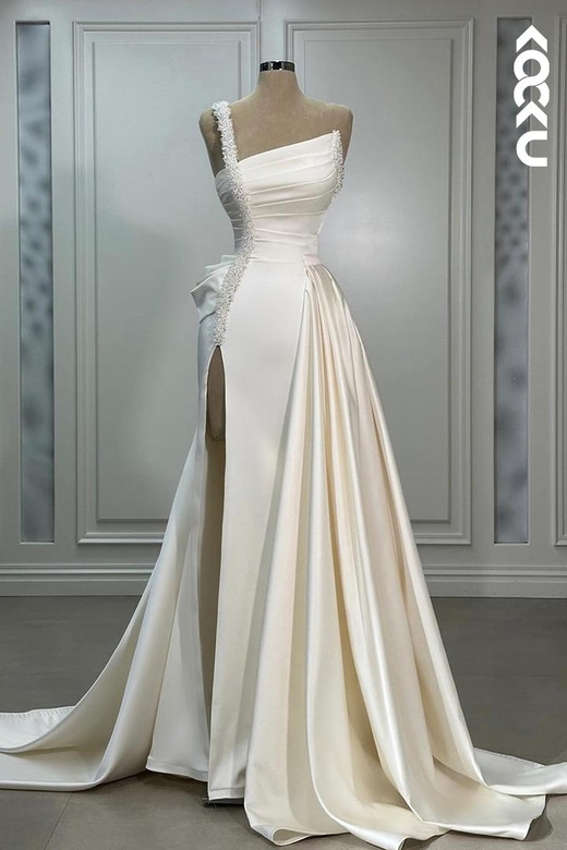 Couture & Ornate V-Neck Straps A-Line Side Slit Ruched Wedding Gown