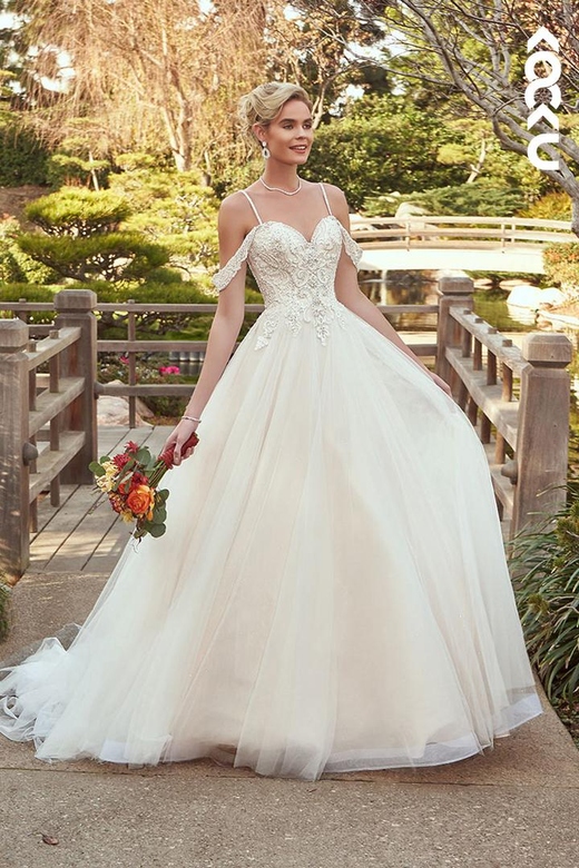 Charming Spaghetti Straps Cap Sleeves Long A-Line Tulle Wedding Dress