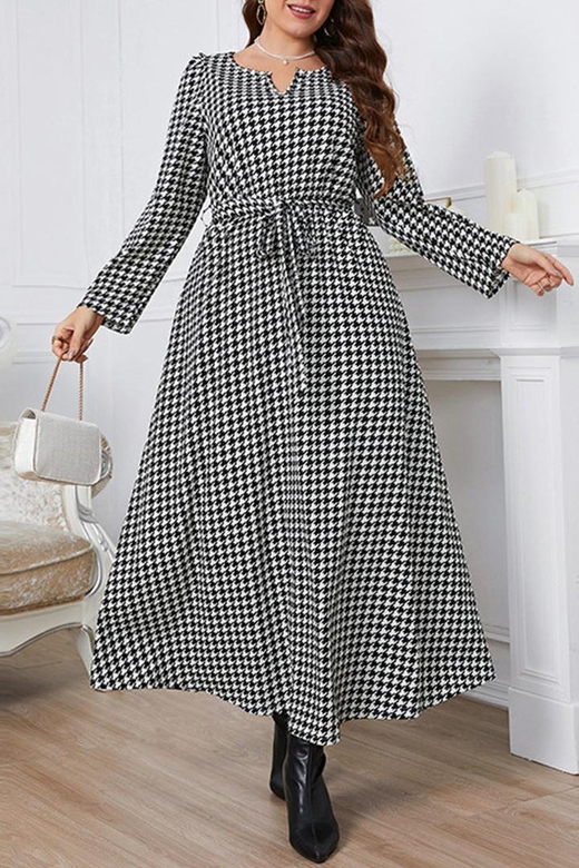 Elegant Plaid With Belt O-Neck A-Line Plus Size Dresses